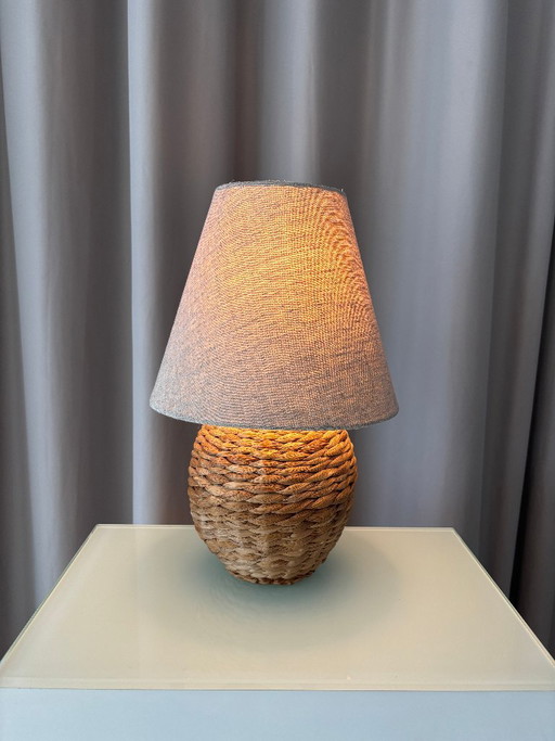Lampe de table vintage en rotin tressé avec abat-jour en lin – tafellampen, Rattan (photo 2 of 12)