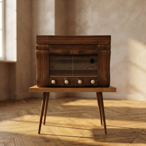 Mobile Radiogrammofono Vintage Art Déco con Cambiadischi Garrard R.C.72, Cassa in Legno, 45 × 60 × 40 cm