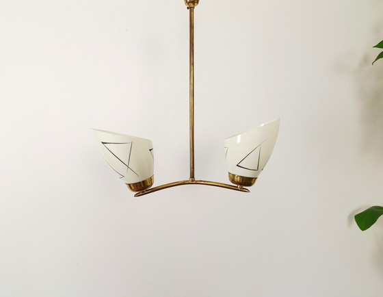 Image 1 of Beautiful art deco chandelier, vintage pendant light, ceiling light, two-arm chandelier, mid-century modern chandelier, Yugoslav