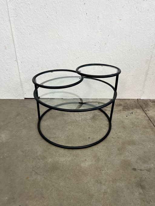 Tavolino da caffè vintage/tavolino girevole, struttura in metallo con ripiani in vetro, Paesi Bassi anni '70