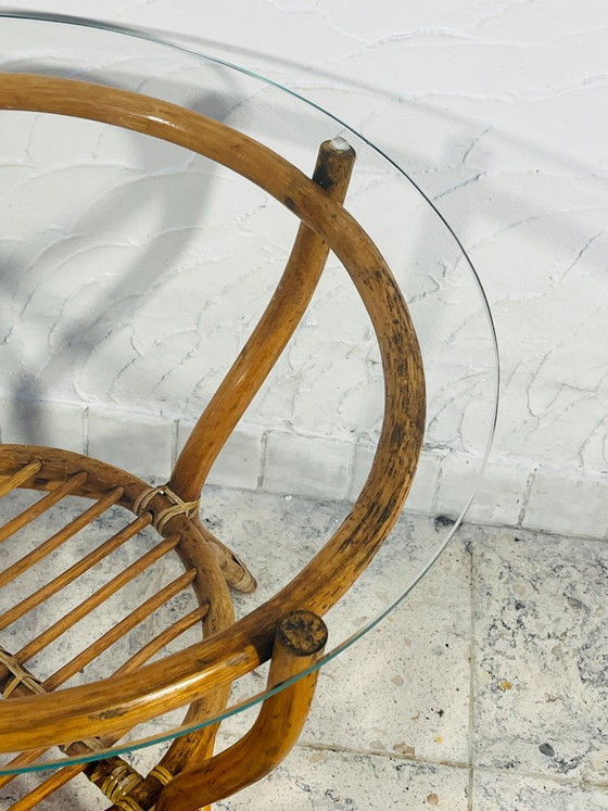 Image 1 of Vintage rattan coffee table with glass top, 1970s