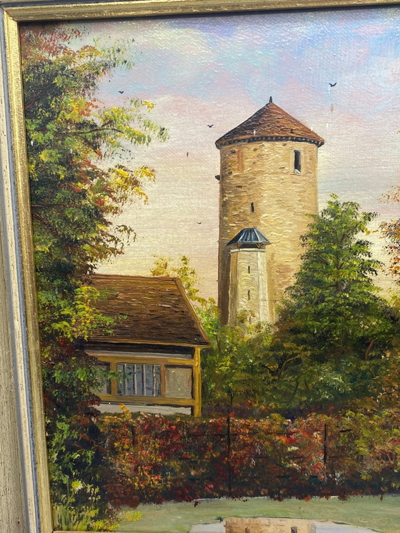 Oil on canvas signed J. André 1968, autumnal landscape with medieval tower – Decorative Objects, Wood, Gold (photo 4 of 8)