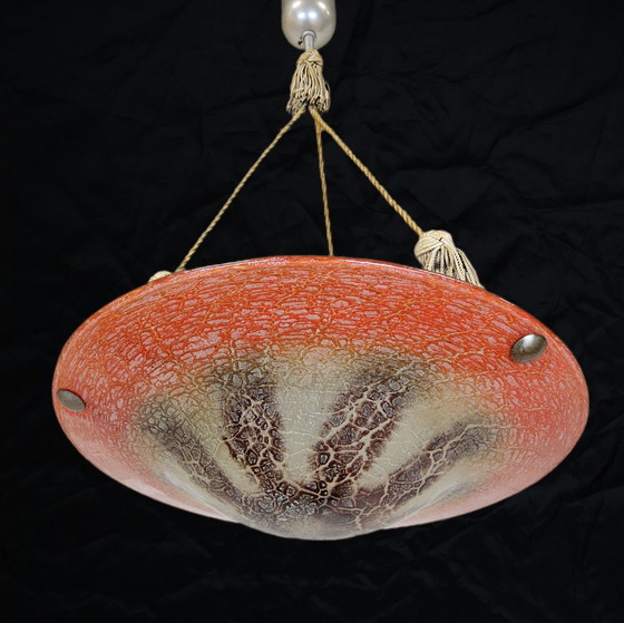 Image 1 of Antieke Oranje Duits Art Deco WMF Ikora Glazen Hanglamp 1930s / glass art deco orange hanging light 
