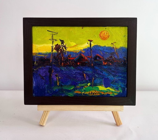 Original Oil Painting Evening Village Landscape Yellow sunset over the village