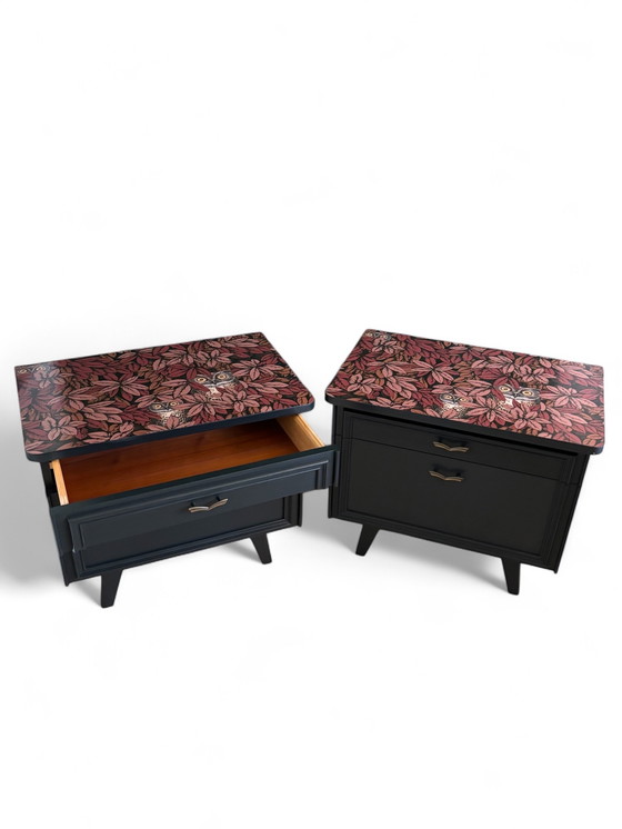 Image 1 of Vintage bedside tables with Fornasetti Foglie e Civette | The Vintage Vibe