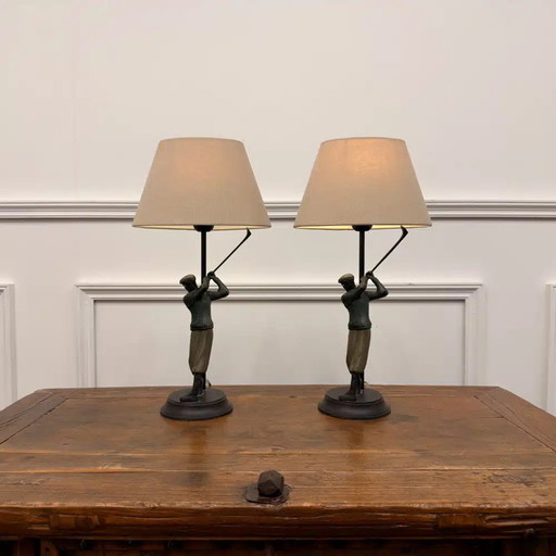 Ensemble de Lampes de Table Golfers en Bronze