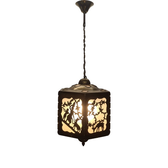 Image 1 of Lampada a sospensione antica in ottone traforato e segato, inizio XX secolo