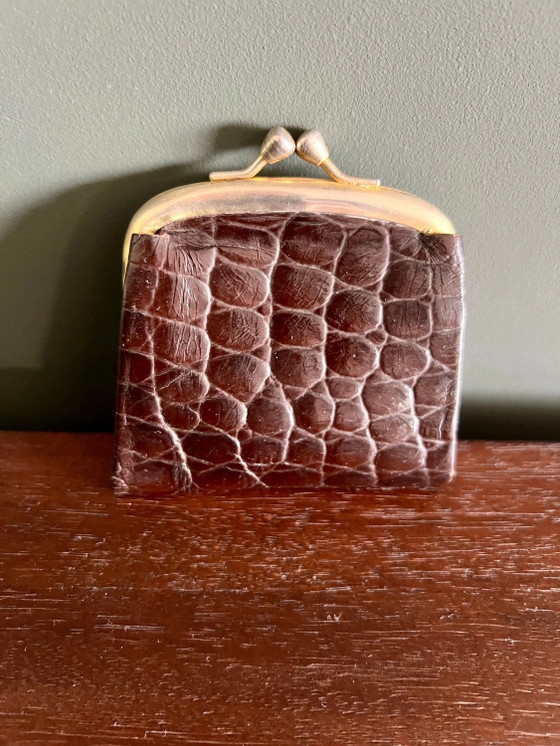 Sac à main vintage en cuir gaufré effet croco avec portefeuille assorti, années 60, Sac à main en cuir Mid (photo 8 of 8)