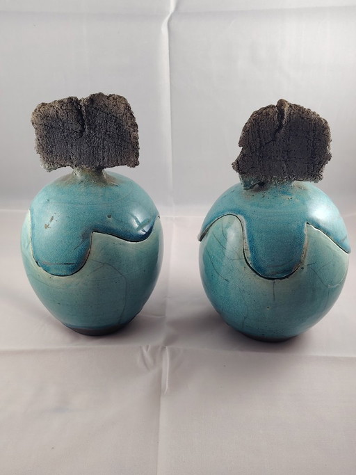 2 Raku vazen gesigneerd Lecomte door Bernard Lecomte Menton
