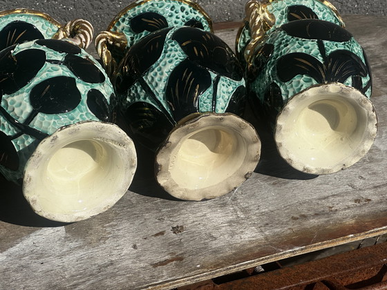 Image 1 of Trio di vasi Amphore Céramique Vallauris Turquoises/Noirs rehaussé d'Or H22cm