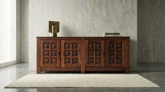 Image 1 of French Solid Oak Brutalist Four-Door Sideboard, 1960s