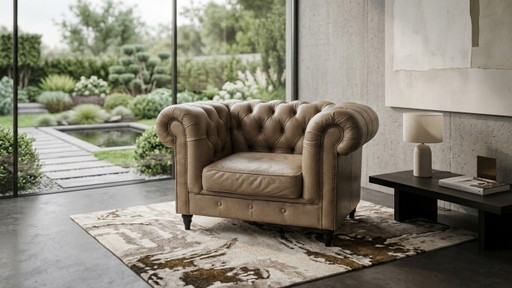 Magnifique Fauteuil Chesterfield XL Cuir Véritable – 125 Cm – Leather, Wood
