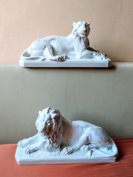 Rare Pair White Ceramic Lion Sculptures Mottahedeh Design Italy, Decorative Objects, Porcelain (photo 8 of 15)