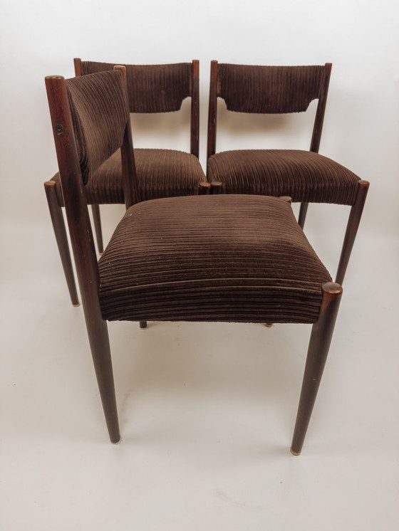 Image 1 of 3x Vintage teak dining chairs with brown upholstery