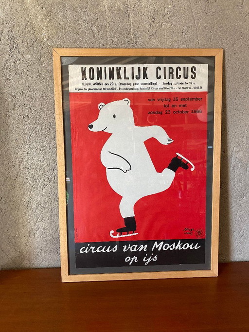 Cartel Original 1966 Circo de Moscú sobre Hielo – Bruselas – Serge Creuz (Enmarcado, 48x68 cm)