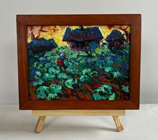 Original Oil Painting Sunset Village Landscape In the evening in the garden