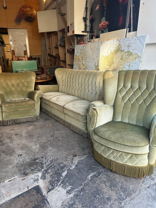 Vintage Green Velvet Sofa & Armchair Set – 1950s/60s