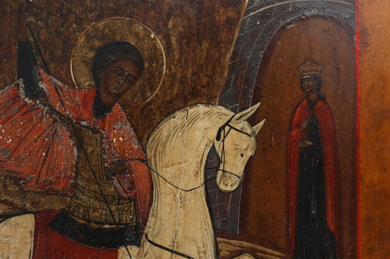 Image 1 of Icono religioso ruso del siglo XIX de San Jorge y el dragón, pintado a mano sobre madera.
