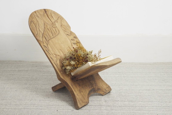 Carved African Hardwood Palaver Chair Low Collapsible Chair Folk Art Deer Carving Vintage Rustic Wooden (photo 11 of 12)