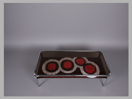 Image 1 of Italian 1970's chrome coffee table with smoked glass & ceramic tiles