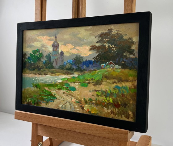 Image 1 of Original Oil Painting Evening City Landscape Church over the river