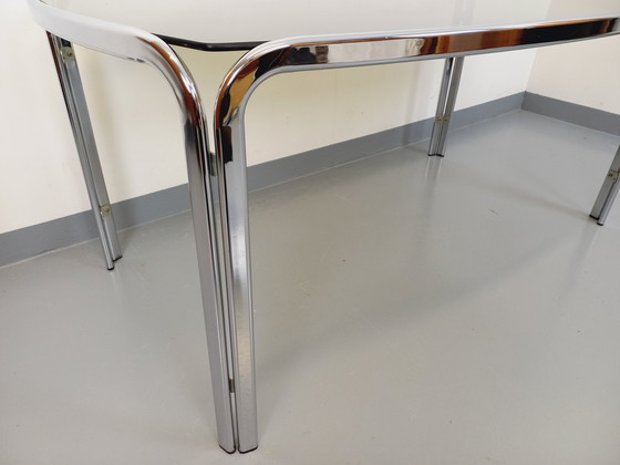 Image 1 of Incurved Rectangular Dining Table in Smoked Glass and Chrome Metal 70's Space Age Style