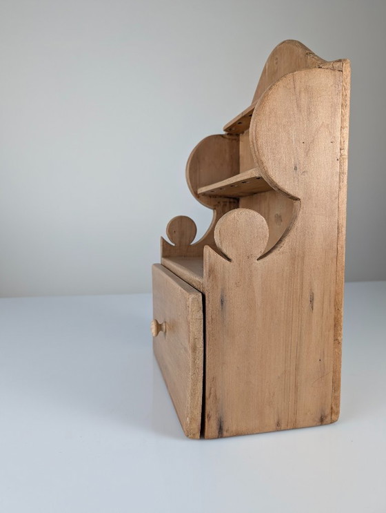 Image 1 of Hand-Carved Folk Art Pine Cutlery Rack with Drawer, 1950s