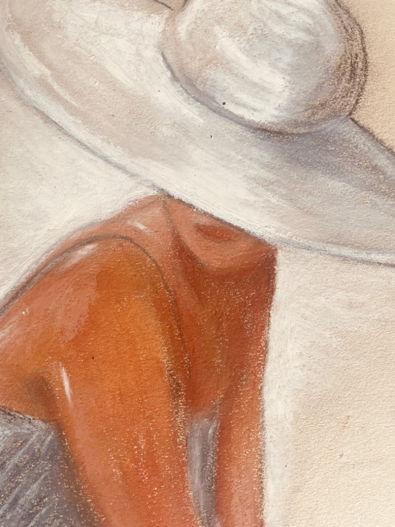 Image 1 of Pastel painting, portrait of a woman in a white hat, "full sunlight"