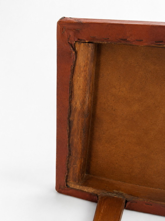 Image 1 of 1960s Mid-Century Brutalist Cognac Leather Saddle Ottoman Tapered Wood Stool