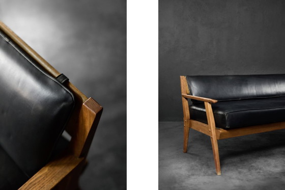 Image 1 of Divano vintage in rovere e pelle nera, stile tedesco moderno di metà secolo, anni '60