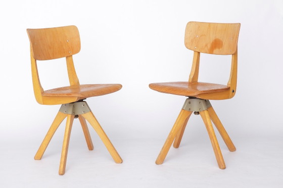 Pair Of Vintage Casala Swivel Chairs, 1970s German Industrial Beechwood Chairs, Adjustable Studio Or Desk (photo 5 of 11)