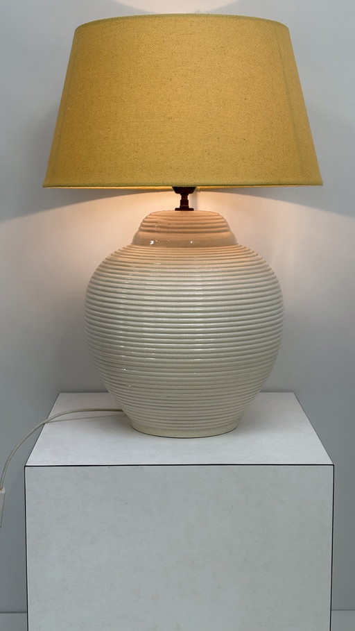 Vintage beige Frans design keramische grote tafellamp Kostka Japandi stijl