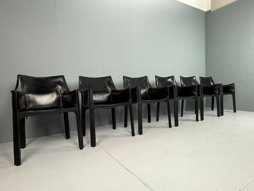 Set di sei sedie da pranzo Mario Bellini CAB 413, in pelle nera, 1977