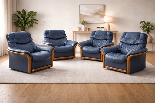 Ekornes Stressless — Lot de 4 fauteuils pivotants réglables — Cuir bleu et hêtre