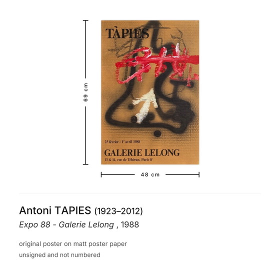Image 1 of Expo Antoni TAPIES - Galerie Lelong Affiche 1988
