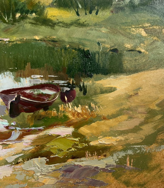 Image 1 of Original Oil Painting Evening Coastal The last rays over the temple