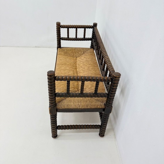 Wooden bench with bobbin legs and rush seat, Benches, Other, Brown, Vintage (photo 7 of 13)