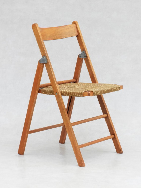 Sedie pieghevoli vintage francesi in faggio, anni '70, set di 6, Legno, Rattan, Beige (foto 3 di 9)