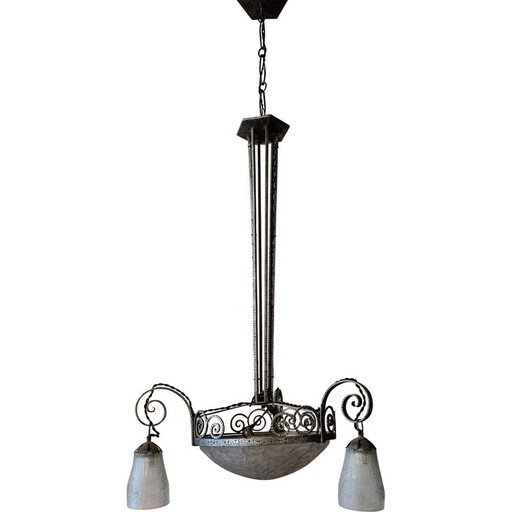 Vintage Art Deco kroonluchter in verzilverd brons en persgegoten glas voor Primaflore, Frankrijk 1930