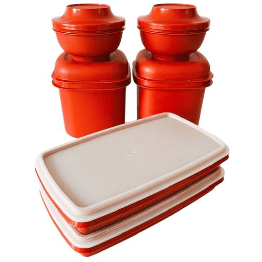 Vintage Tupperware set zes oogstkleur oranje roestbruine kommen opbergbakjes vershoudbakjes 1970's