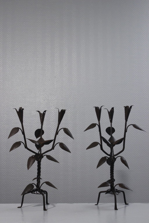 Pair of Floral Wrought Iron Candlesticks Vintage Brutalist Design Mid 20th Century