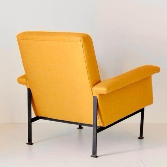 1x Eclectic Mid-Century Modern Sculptural Armchair in Mustard Yellow Fabric, Cotton, Iron (photo 3 of 11)