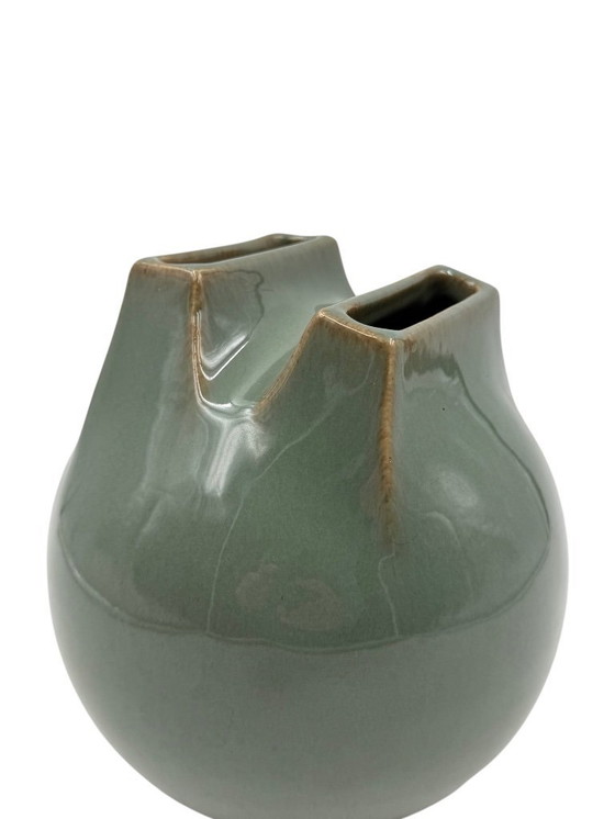 Image 1 of Mid-century Modern green spherical stoneware vase, Franco Bucci Italy ca. 1970