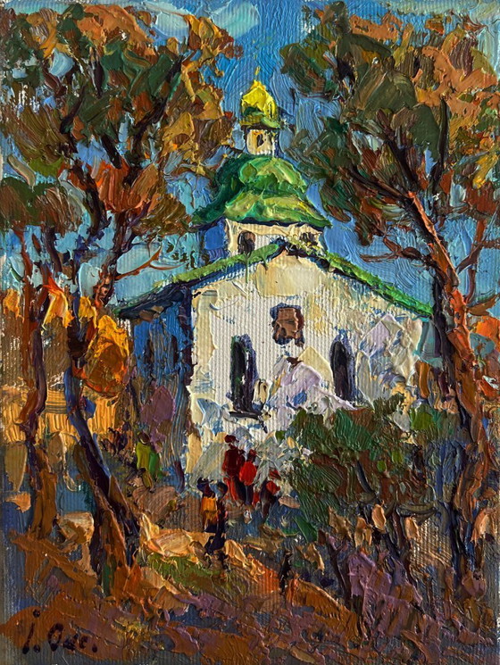 Image 1 of Original Oil Painting Autumn Church Landscape Autumn church bells