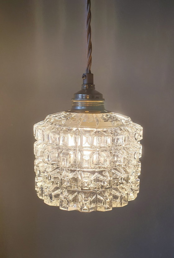Image 1 of Mid-century vintage pendant lamp of thick, textured glass.