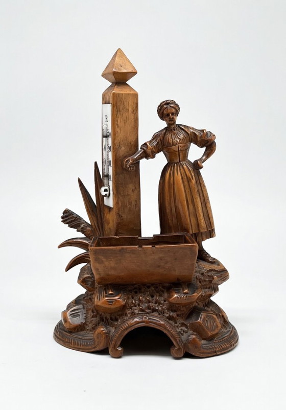 Image 1 of Antique Black Forest thermometer – Hand-carved wood carving with female sculpture (c. 1880–1920)