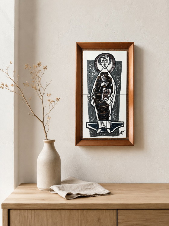 Keramische wanddecoratie uit het midden van de 20e eeuw, jaren 60, gesigneerde religieuze figuur, vintage (photo 7 of 9)