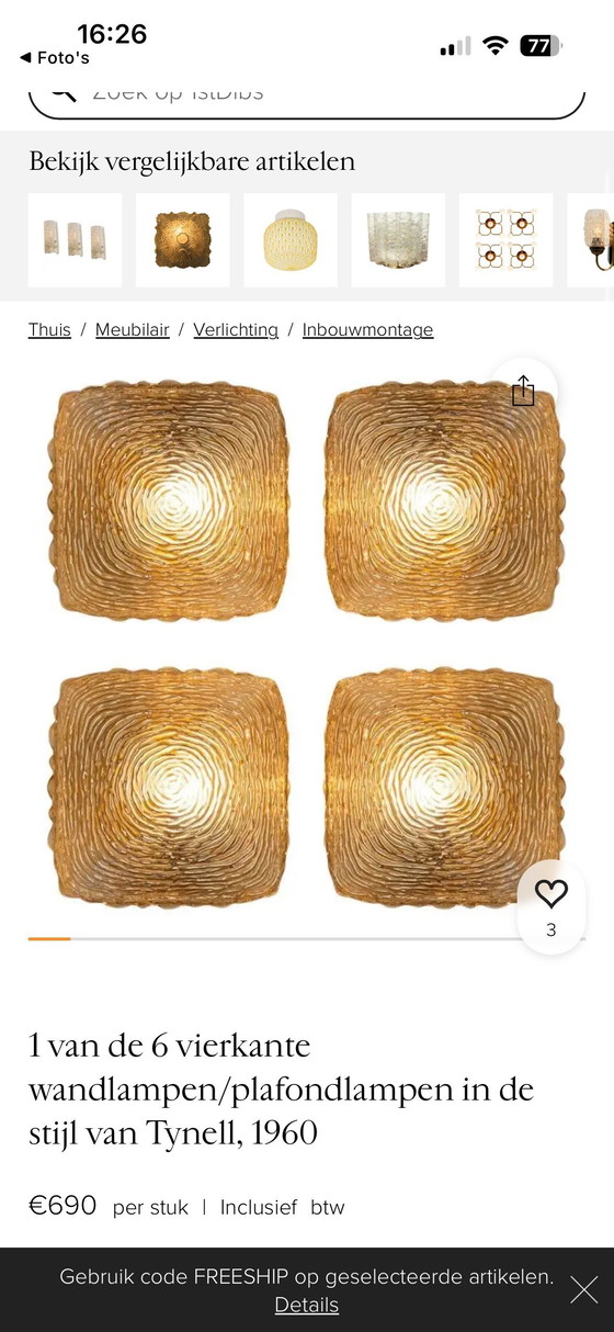 Image 1 of New old stock in doos !  Grote Glashütte Limburg plafonnière of wandlamp amber glas jaren ‘60/’70