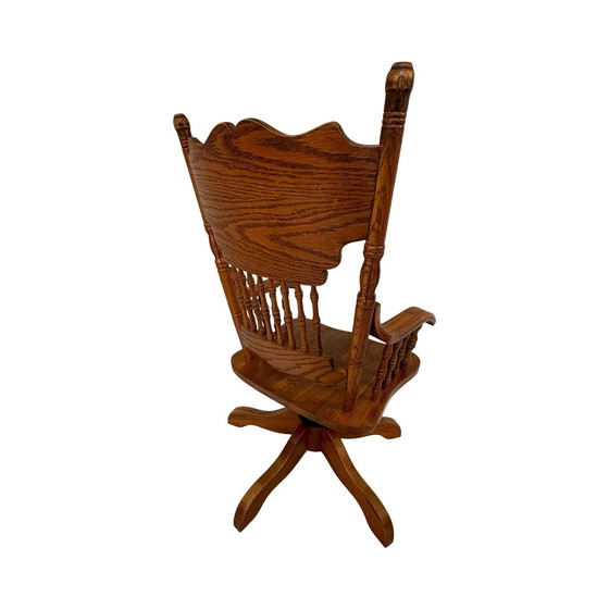 Image 1 of Vintage - Solid Oak - Rotating Desk Chair with Turned Columns and Hand Carved Backrest