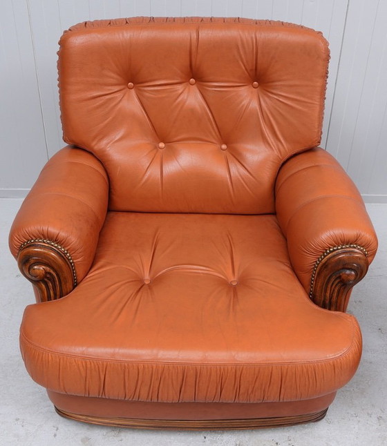 Image 1 of Coppia di poltrone in stile "Chasse" di metà secolo - Pelle e legno massello